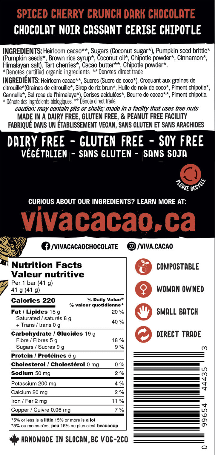 Viva Cacao chocolate bar packaging with nutritional information and ingredient list.