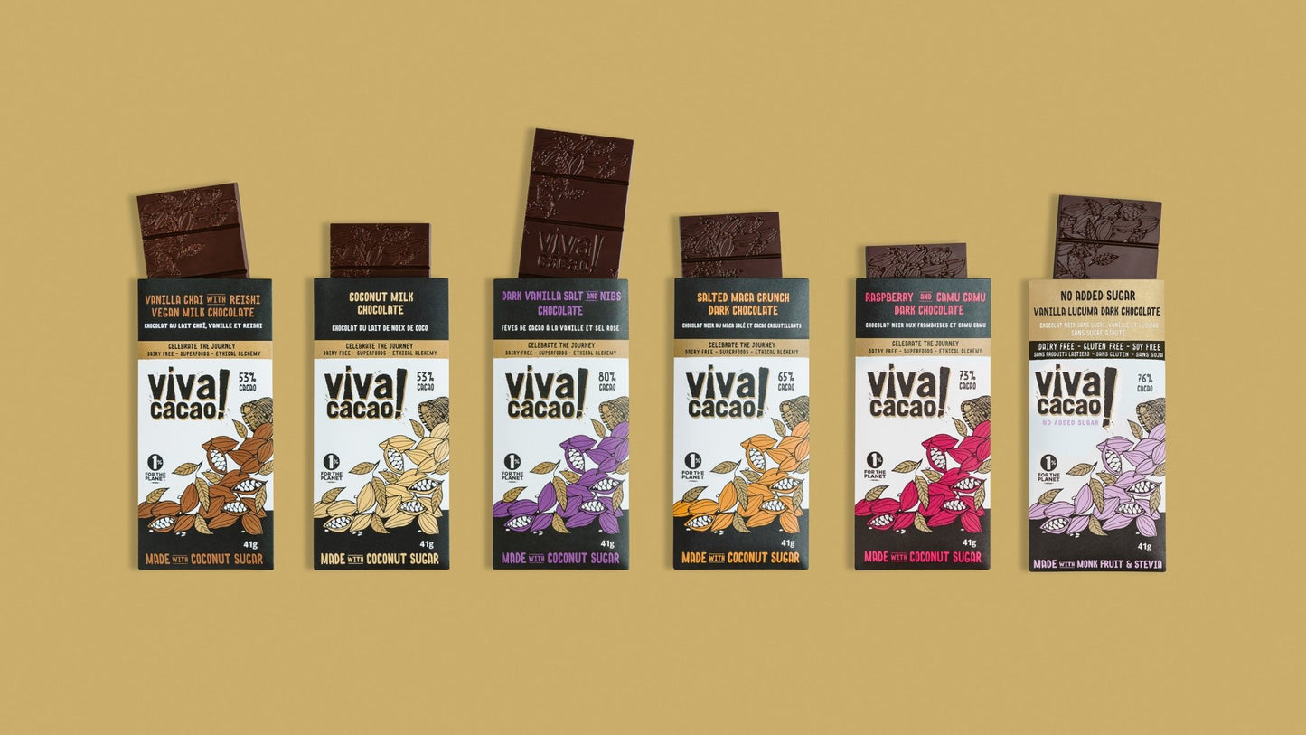 Front view of Viva Cacao assorted chocolate bars with rich chocolate peeking out of colorful packaging - highlighting flavors and textures.