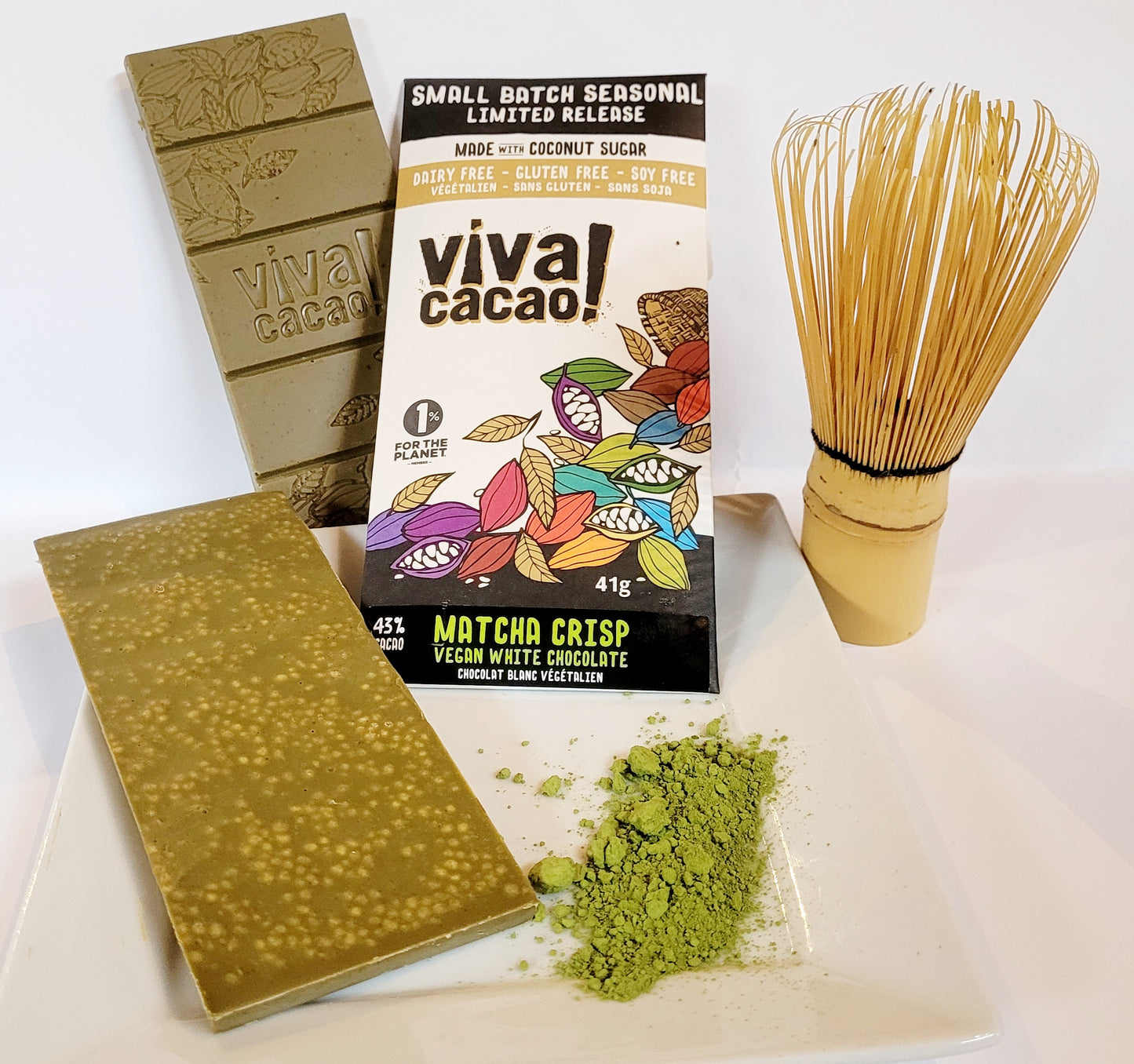 Dairy-free matcha white chocolate bar with crispy rice, naturally sweetened with coconut sugar