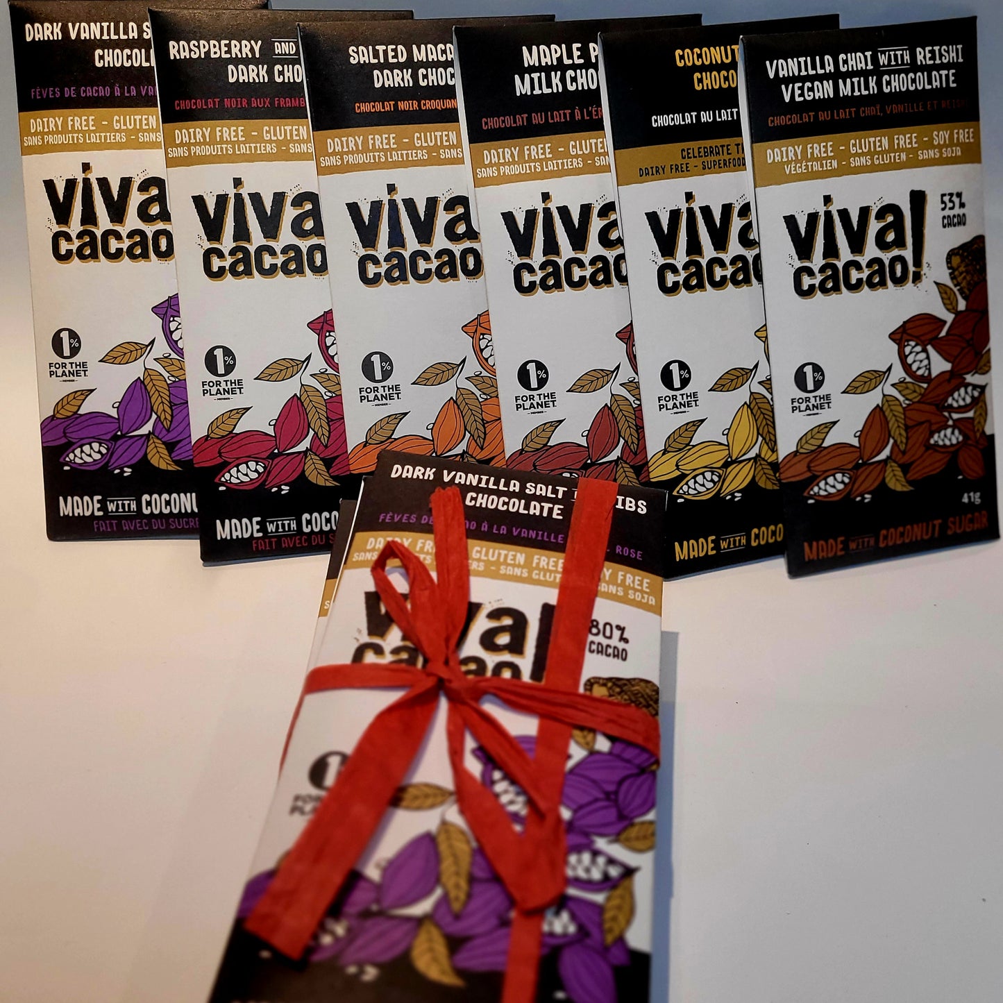 Flat lay of Viva Cacao’s best selling dairy-free chocolate bar bundle