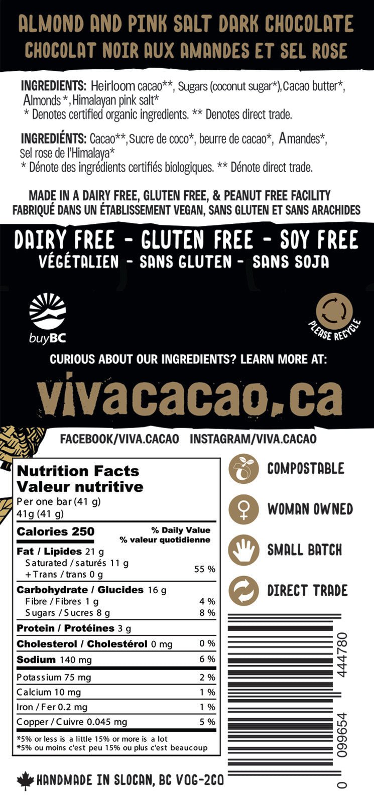 Almond and Pink Salt Chocolate Bar Dairy Free Gluten Free Soy Free Made with Coconut Sugar - VIVA CACAO!