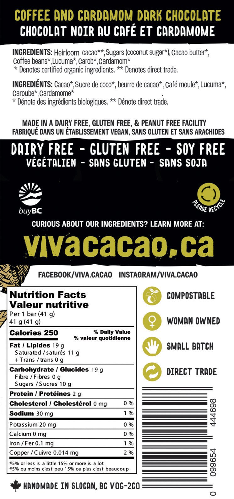 Coffee and Cardamom Chocolate Bar Dairy Free Gluten Free Soy Free - VIVA CACAO!