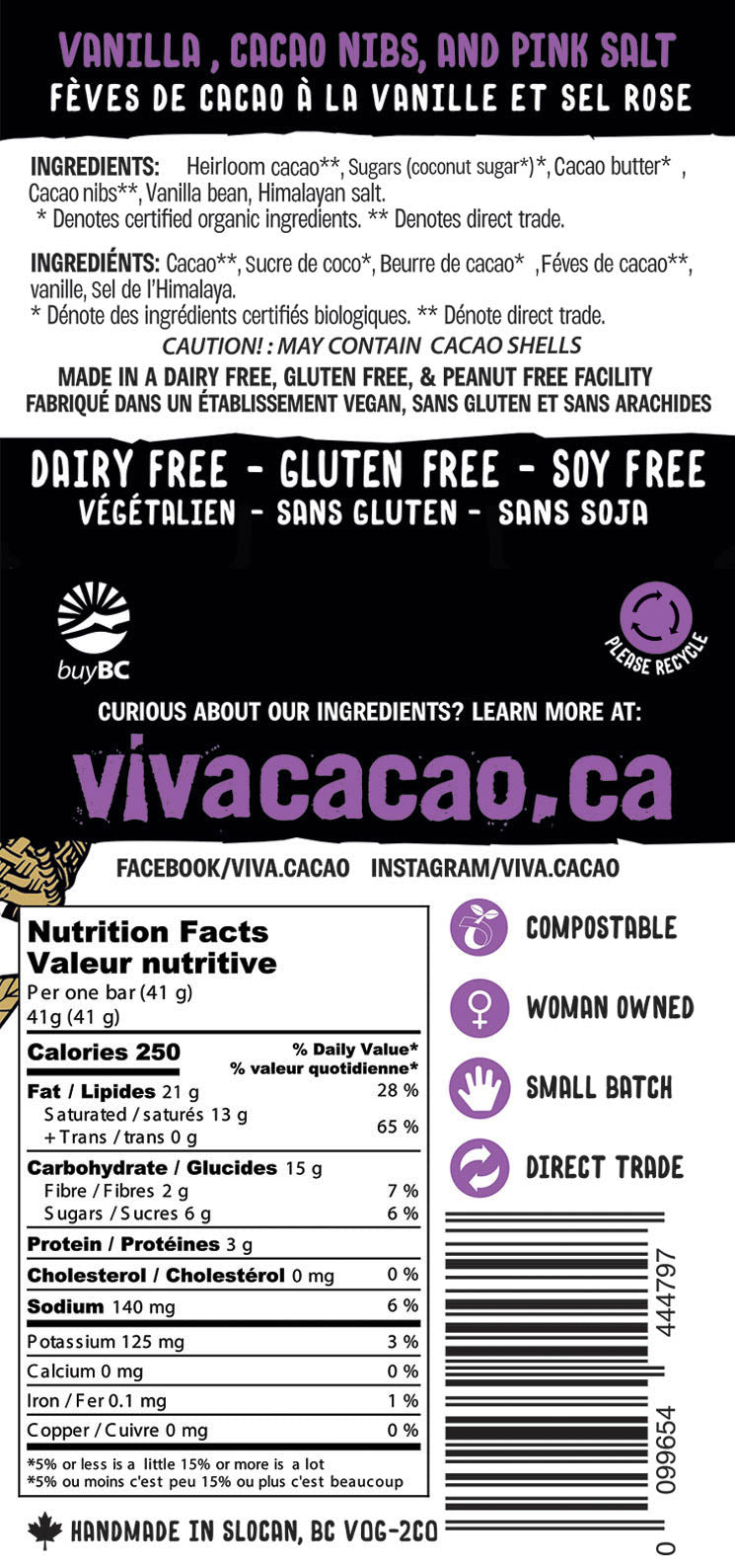 Dark Vanilla Salt with Nibs Chocolate Bar Dairy Free Gluten Free Soy Free - VIVA CACAO!