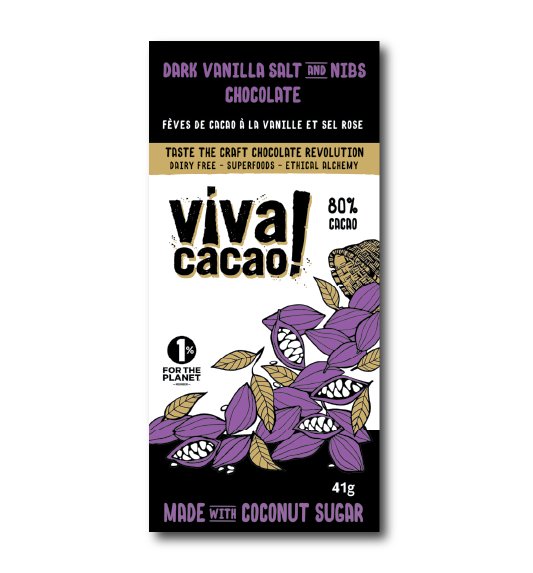 Dark Vanilla Salt with Nibs Chocolate Bar Made with Coconut Sugar Dairy Free Superfood - VIVA CACAO!