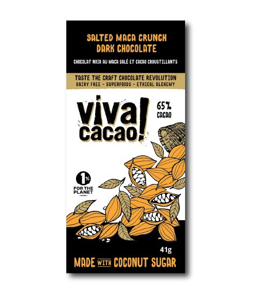 Salted Maca Crunch Chocolate Bar Made with Coconut Sugar Dairy Free Superfood - VIVA CACAO!
