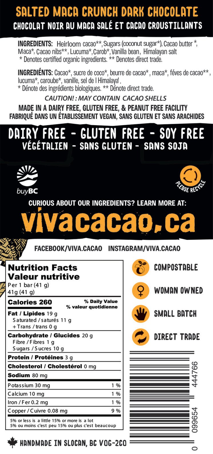 Salted Maca Crunch Chocolate Bar Dairy Free Gluten Free Soy Free - VIVA CACAO!