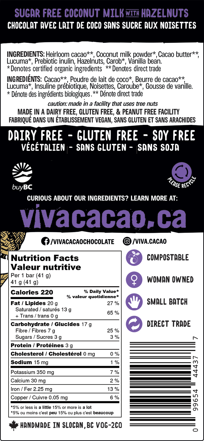 Sugar-Free Milk Chocolate with Hazelnuts Bar Dairy Free Gluten Free Soy Free - VIVA CACAO!