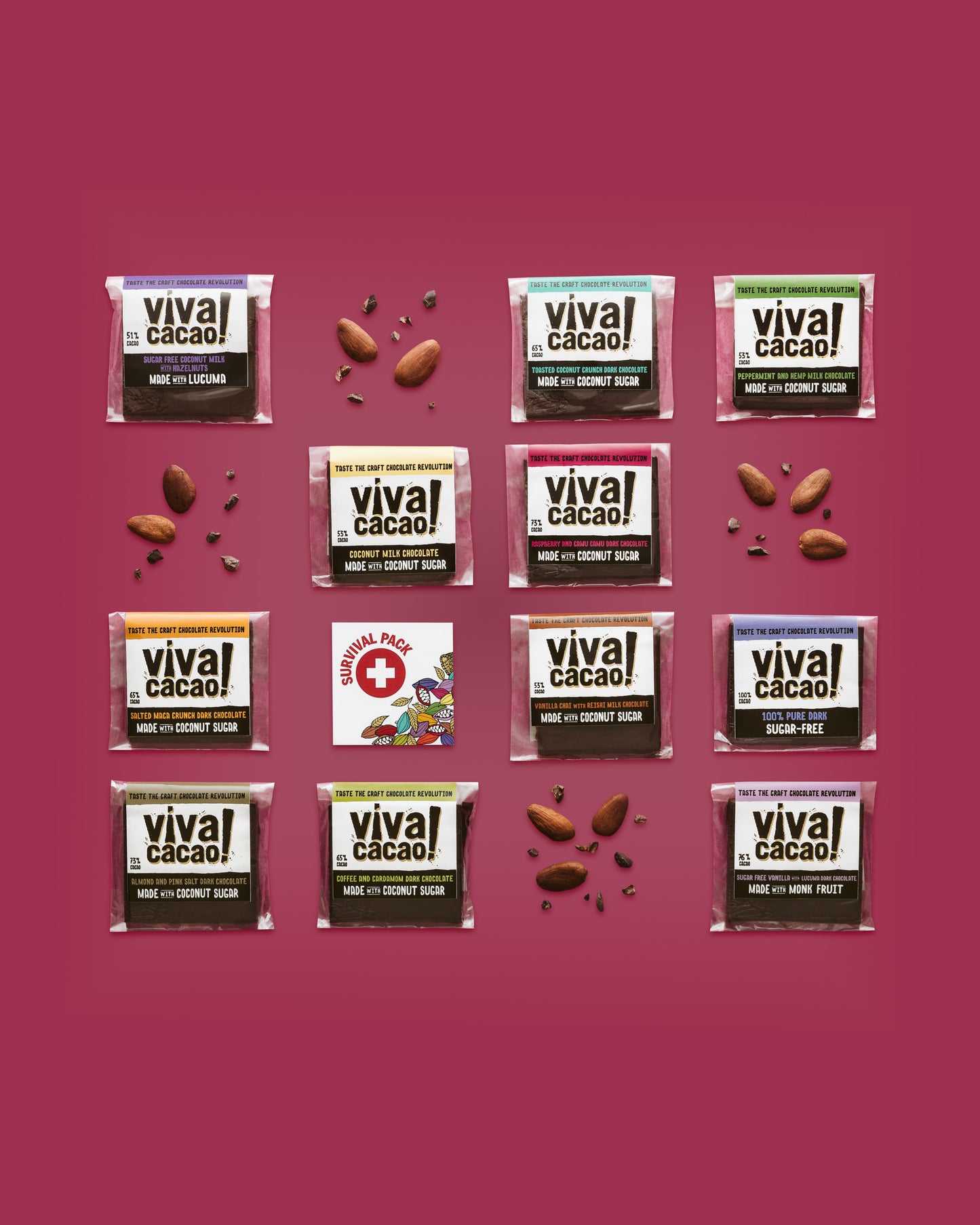 Flat lay of Viva Cacao’s mini chocolate bars sampler – 11 assorted vegan flavours - Viva Cacao!