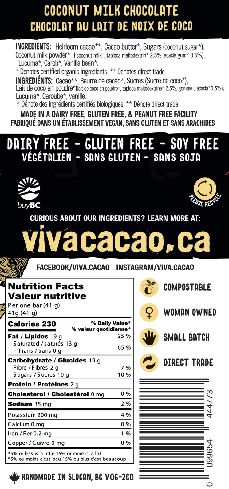 Vegan Coconut Milk Chocolate Bar Dairy Free Gluten Free Soy Free - Viva Cacao!