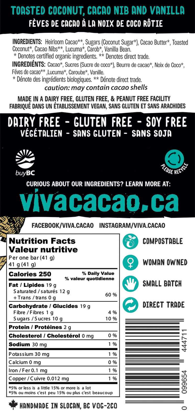Toasted Coconut Chocolate Bar Dairy Free Gluten Free Soy Free - Viva Cacao!