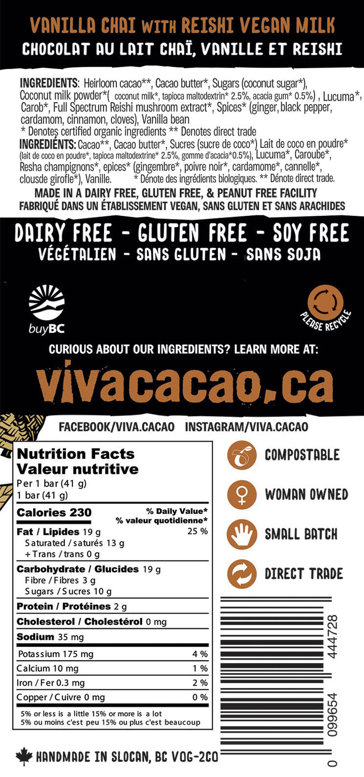 Vanilla Chai Reishi Chocolate Bar Dairy Free Gluten Free Soy Free - Viva Cacao!