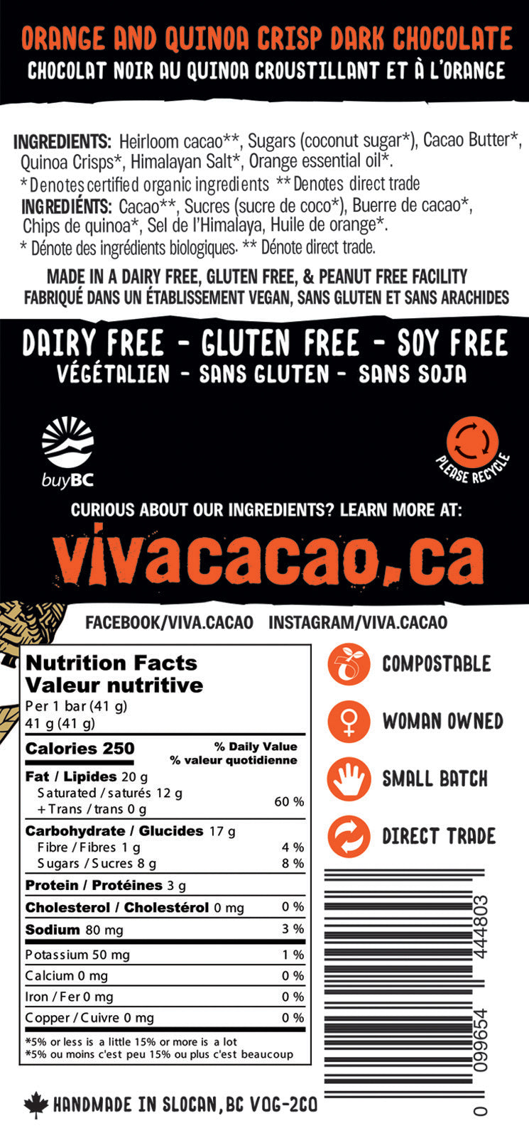 Back of Orange Crisp Dark Chocolate Bar package showing ingredients – 73% dark chocolate with quinoa and orange crisp, limited edition - Viva Cacao!
