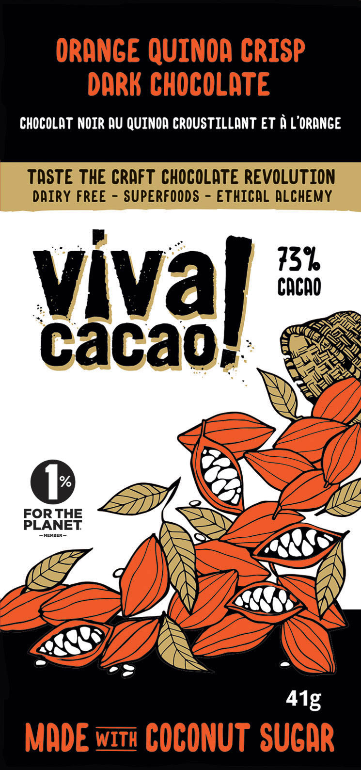 Orange Crisp Dark Chocolate Bar – 73% dark chocolate with orange and quinoa crisp, limited edition - Viva Cacao!