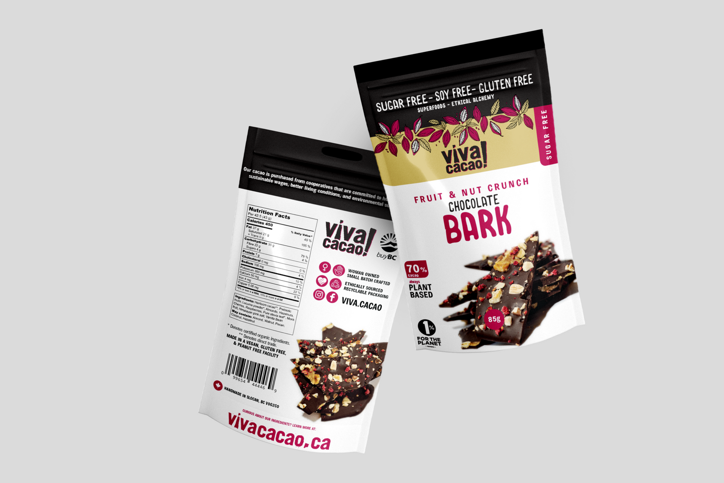 Viva Cacao No Added Sugar Fruit & Nut Bark – front view with dried fruits and nuts in dark chocolate - Viva Cacao!