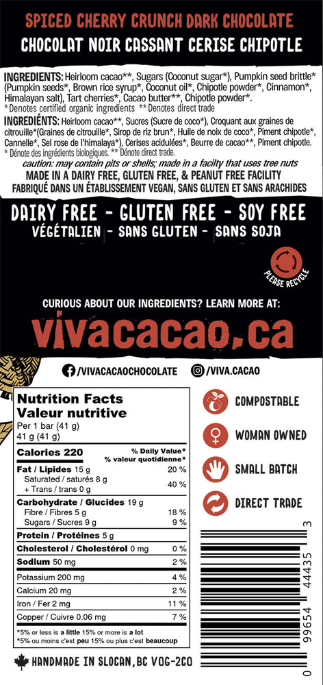 Viva Cacao chocolate bar packaging with nutritional information and ingredient list.