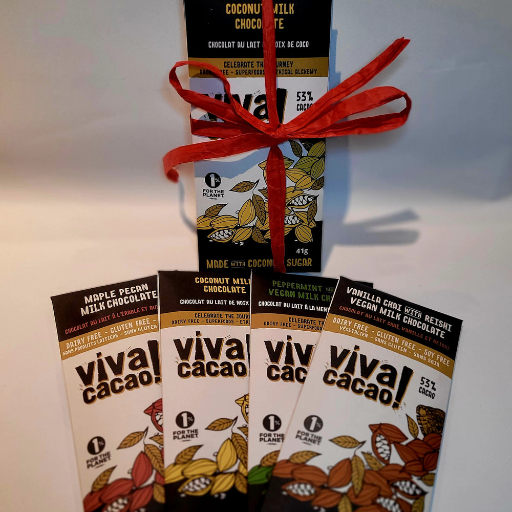 Collection of vegan milk chocolate bars made with coconut milk and natural ingredients