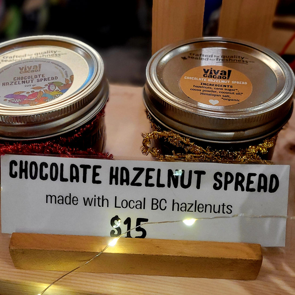 Jar of creamy chocolate hazelnut spread sweetened with coconut sugar, dairy-free and Canadian made