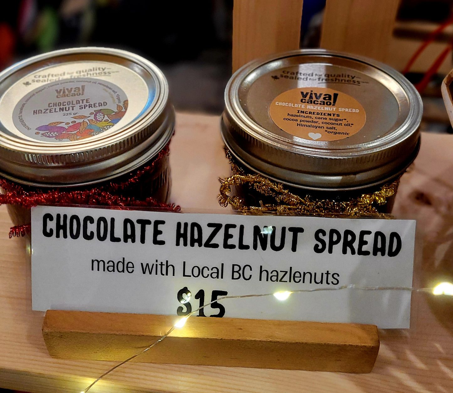 Jar of creamy chocolate hazelnut spread sweetened with coconut sugar, dairy-free and Canadian made