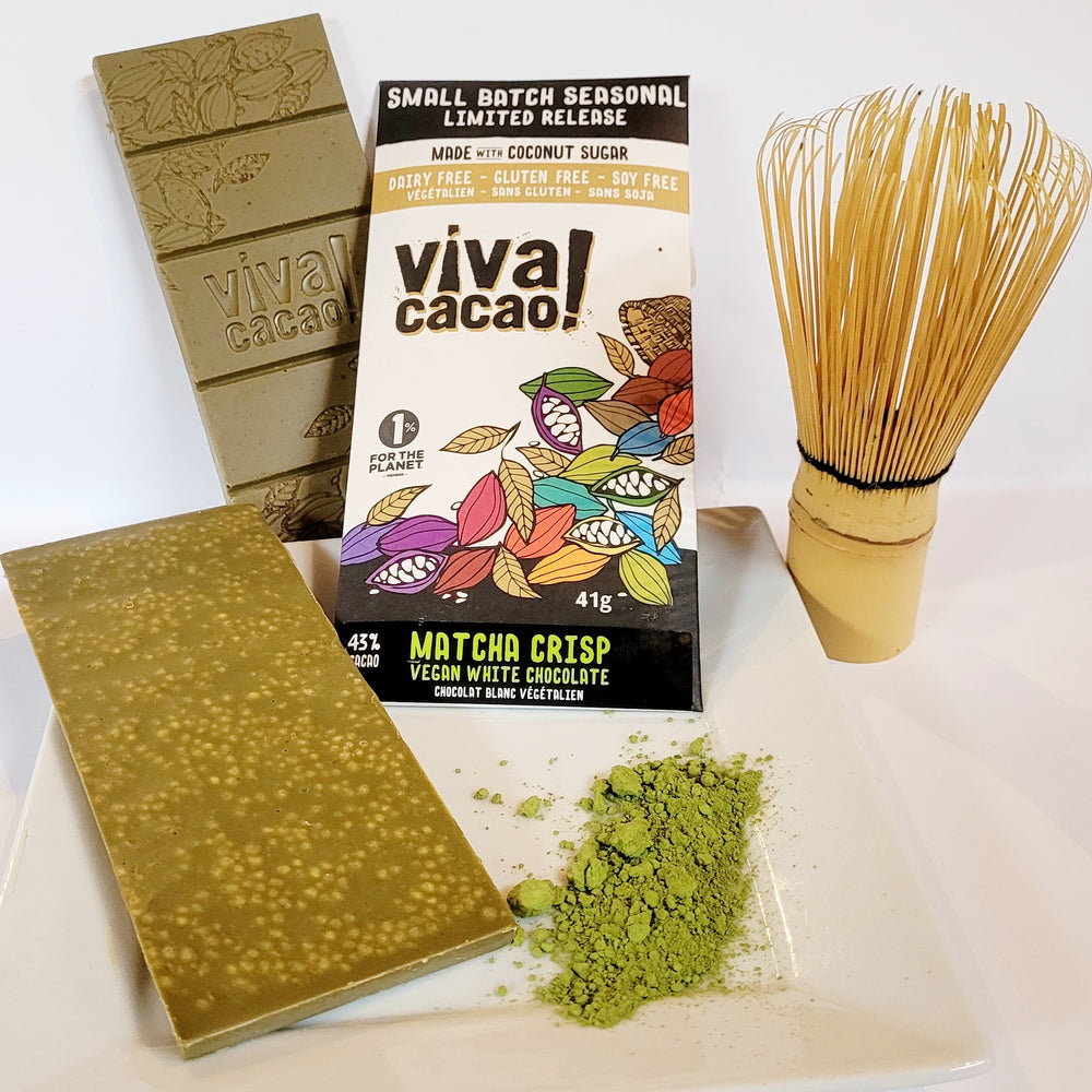 
                  
                    Dairy-free matcha white chocolate bar with crispy rice, naturally sweetened with coconut sugar
                  
                