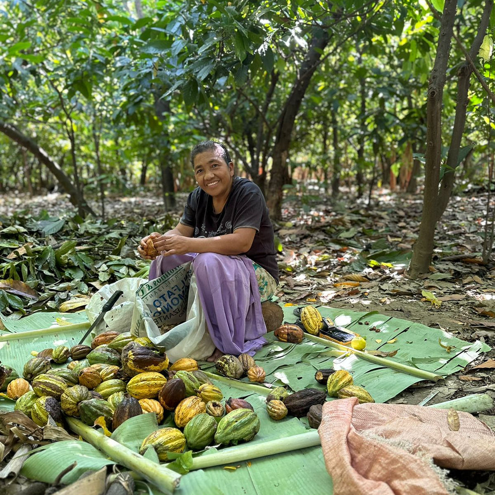 a woman smiling with many cacao pods in the forest of the Piura cacao farm in peru