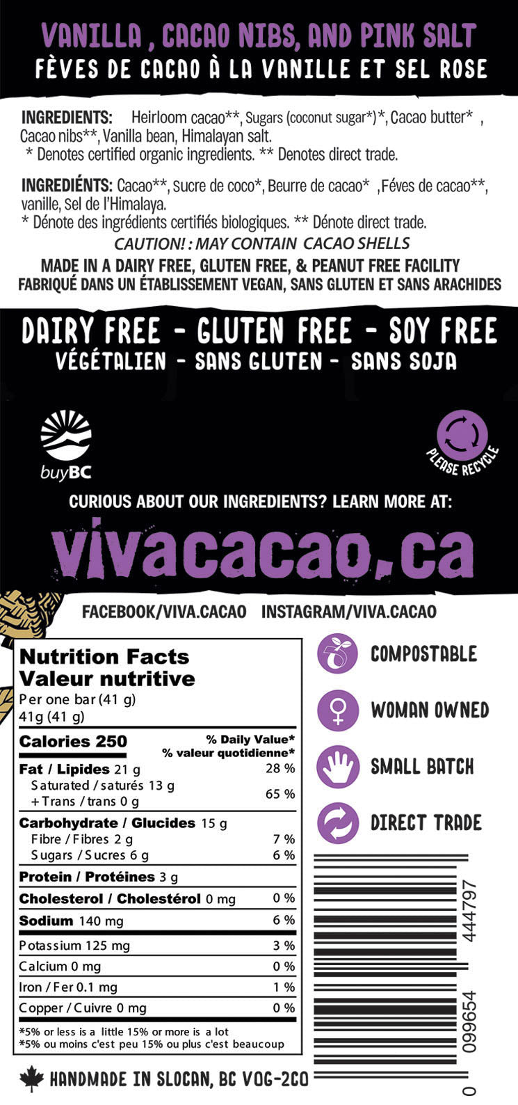 Dark Vanilla Salt with Nibs Chocolate Bar - VIVA CACAO!