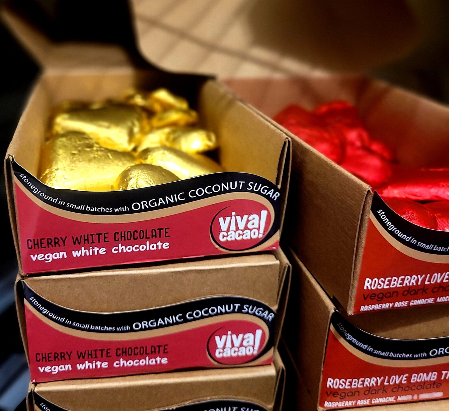 Gold-wrapped Berry White Chocolate Hearts in display box – vegan, dairy-free, coconut sugar sweetened chocolate - Viva Cacao!