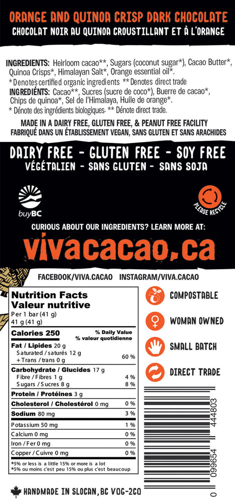 Back of Orange Crisp Dark Chocolate Bar package showing ingredients – 73% dark chocolate with quinoa and orange crisp, limited edition - Viva Cacao!