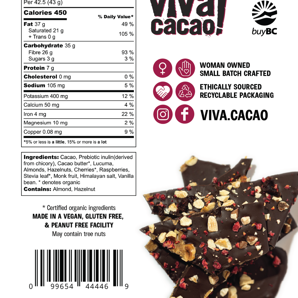 
                  
                    Back of Viva Cacao’s Sugar-Free Fruit & Nut Chocolate Bark package showing ingredients and nutrition info - Viva Cacao!
                  
                