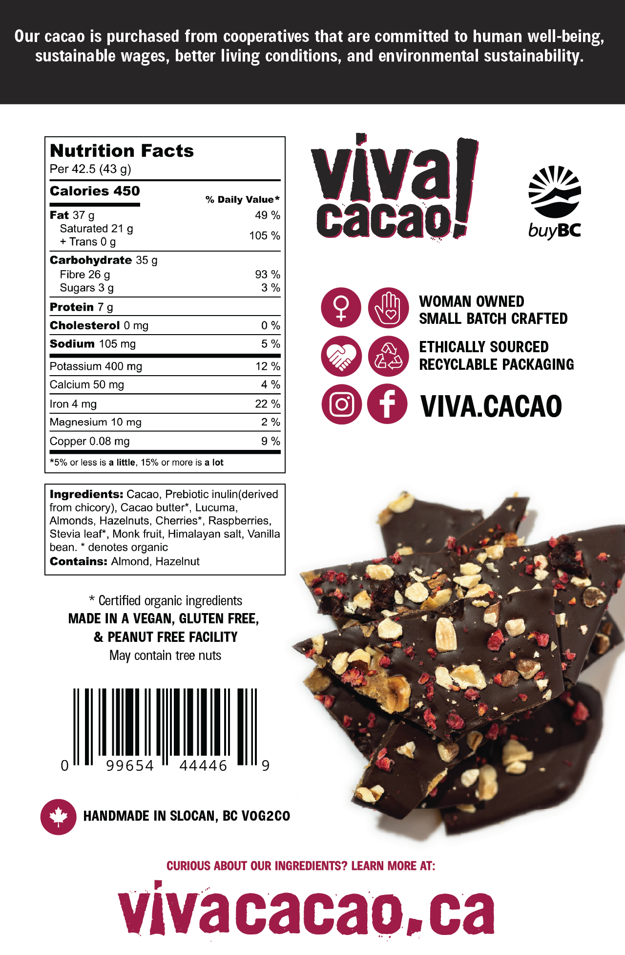 
                  
                    Back of Viva Cacao’s Sugar-Free Fruit & Nut Chocolate Bark package showing ingredients and nutrition info - Viva Cacao!
                  
                