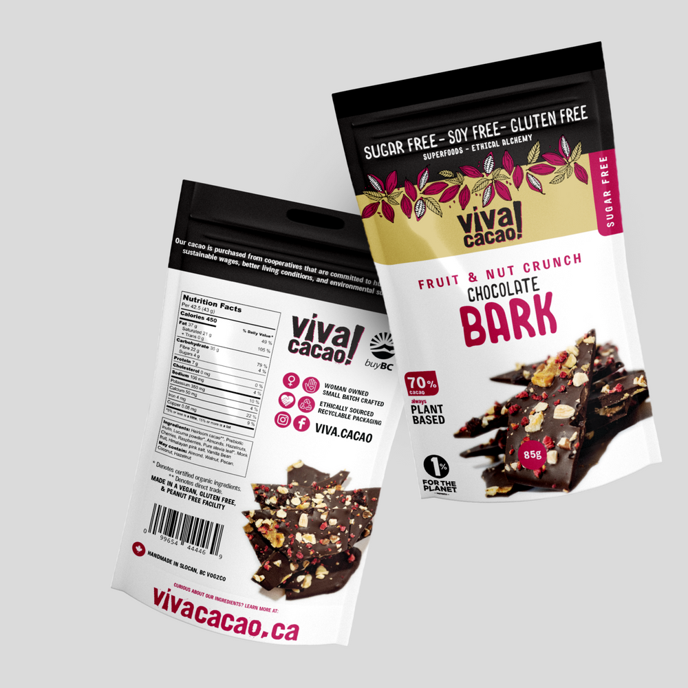 Viva Cacao No Added Sugar Fruit & Nut Bark – front view with dried fruits and nuts in dark chocolate - Viva Cacao!